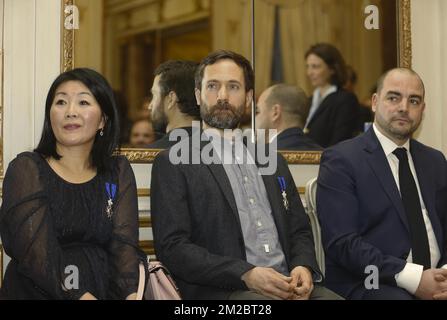 Ling Fang of restaurant Yi Jiang Nan , Damien Bouchery of restaurant Bouchery and Alexandre Dionisio of restaurant Villa In The Sky pictured during a ceremony to award the 'Knight in the Order of Leopold II' rank to various chefs active in Brussels, Friday 22 December 2017 in Brussels. BELGA PHOTO NICOLAS MAETERLINCK Stock Photo