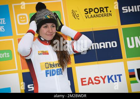 Dutch Fleur Nagengast pictured on the podium after the Women Elite race of the seventh stage (out of nine) in the World Cup cyclocross, Tuesday 26 December 2017 in Heusden-Zolder, Belgium. BELGA PHOTO DAVID STOCKMAN Stock Photo