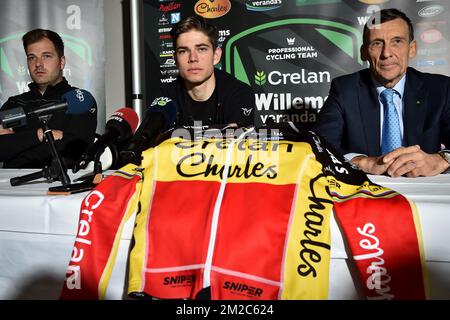Sports director Niels Albert, Belgian world champion Wout Van Aert and Crelan Ceo Luc Versele pictured during a press conference, Monday 15 January 2018 in Nazareth. Yesterday Van Aert won the Belgian cyclocross championschips. BELGA PHOTO DAVID STOCKMAN Stock Photo