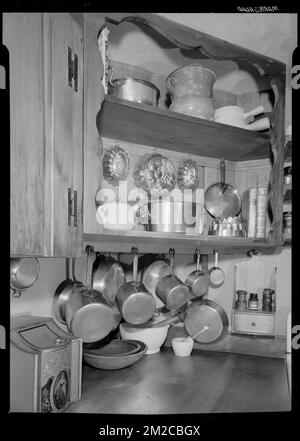 Copper Corner, Kitchen, 5 Tucker Street , Cooking utensils, Cupboards. Samuel Chamberlain Photograph Negatives Collection Stock Photo