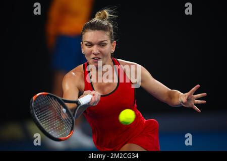 Simona Halep of Romania pictured in action during the tennis match between Romanian Simona Halep (WTA 1) and Danish Caroline Wozniacki (WTA 2) in the finals of the women's singles tournament at the 'Australian Open' tennis Grand Slam, Saturday 27 January 2018 in Melbourne Park, Melbourne, Australia. This first grand slam of the season will be taking place from 15 to 28 January. Stock Photo