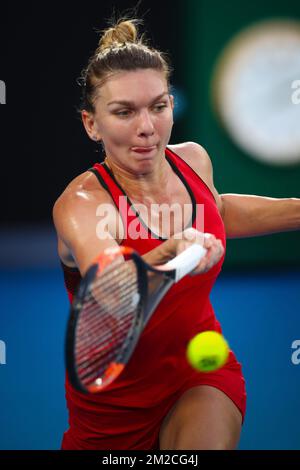 Simona Halep of Romania pictured in action during the tennis match between Romanian Simona Halep (WTA 1) and Danish Caroline Wozniacki (WTA 2) in the finals of the women's singles tournament at the 'Australian Open' tennis Grand Slam, Saturday 27 January 2018 in Melbourne Park, Melbourne, Australia. This first grand slam of the season will be taking place from 15 to 28 January. Stock Photo