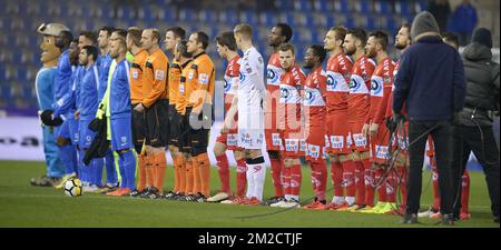 Genk's players and Kortrijk's players pictured before the start of a Croky Cup 1/2 final, return leg, game between RC Genk and KV Kortrijk, in Genk, Tuesday 06 February 2018. Kortrijk won the first leg 3-2. BELGA PHOTO YORICK JANSENS Stock Photo