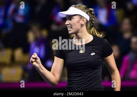 Belgian Elise Mertens reacts during a tennis game between French Pauline Parmentier (WTA 91) and Belgian Elise Mertens (WTA 20), the first rubber of this weekend's Fed Cup World Group Round 1 meeting between France and Belgium in La Roche-sur-Yon, France, Saturday 10 February 2018. BELGA PHOTO LAURIE DIEFFEMBACQ Stock Photo