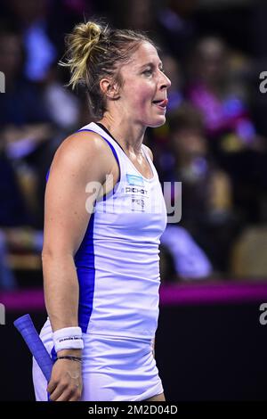 French Pauline Parmentier looks dejected during a tennis game between French Pauline Parmentier (WTA 91) and Belgian Elise Mertens (WTA 20), the first rubber of this weekend's Fed Cup World Group Round 1 meeting between France and Belgium in La Roche-sur-Yon, France, Saturday 10 February 2018. BELGA PHOTO LAURIE DIEFFEMBACQ Stock Photo
