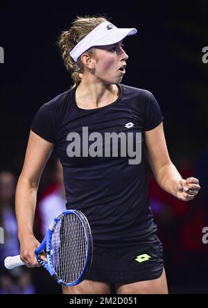 Belgian Elise Mertens celebrates during a tennis game between French Pauline Parmentier (WTA 91) and Belgian Elise Mertens (WTA 20), the first rubber of this weekend's Fed Cup World Group Round 1 meeting between France and Belgium in La Roche-sur-Yon, France, Saturday 10 February 2018. BELGA PHOTO LAURIE DIEFFEMBACQ Stock Photo
