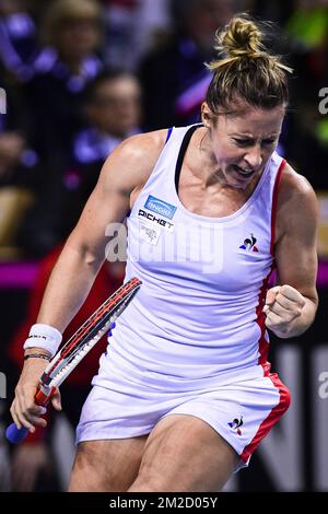 French Pauline Parmentier celebrates during a tennis game between French Pauline Parmentier (WTA 91) and Belgian Elise Mertens (WTA 20), the first rubber of this weekend's Fed Cup World Group Round 1 meeting between France and Belgium in La Roche-sur-Yon, France, Saturday 10 February 2018. BELGA PHOTO LAURIE DIEFFEMBACQ Stock Photo