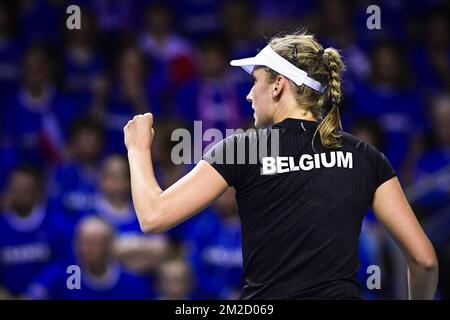 Belgian Elise Mertens celebrates during a tennis game between French Pauline Parmentier (WTA 91) and Belgian Elise Mertens (WTA 20), the first rubber of this weekend's Fed Cup World Group Round 1 meeting between France and Belgium in La Roche-sur-Yon, France, Saturday 10 February 2018. BELGA PHOTO LAURIE DIEFFEMBACQ Stock Photo