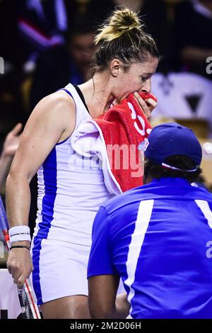 French Pauline Parmentier looks dejected during a tennis game between French Pauline Parmentier (WTA 91) and Belgian Elise Mertens (WTA 20), the first rubber of this weekend's Fed Cup World Group Round 1 meeting between France and Belgium in La Roche-sur-Yon, France, Saturday 10 February 2018. BELGA PHOTO LAURIE DIEFFEMBACQ Stock Photo