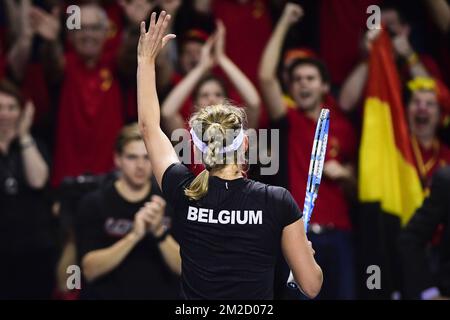 Belgian Elise Mertens celebrates after winning a tennis game between French Pauline Parmentier (WTA 91) and Belgian Elise Mertens (WTA 20), the first rubber of this weekend's Fed Cup World Group Round 1 meeting between France and Belgium in La Roche-sur-Yon, France, Saturday 10 February 2018. BELGA PHOTO LAURIE DIEFFEMBACQ Stock Photo