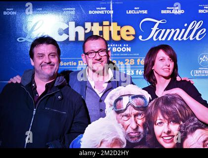 comedian Dany Boon (Daniel Hamidou) (C) and Valerie Bonneton (R) pictured during a ceremony to award the Tournai 'citoyen d'honneur' (honorary citizen - ereburgerschap) to French filmmaker Boon, Monday 12 February 2018 in Tournai. Daniel Hamidou aka Dany Boon is a comedian, director, actor and writer, most famous for his 2008 film 'Bienvenue chez les Ch'tis'. BELGA PHOTO CAMILLE DELANNOIS Stock Photo