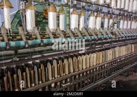 Spindles on ring spinning frame, machine for spinning fibres to make yarn in cotton mill / spinning-mill | Métier continu à filer dans filature cotonnière 11/02/2018 Stock Photo