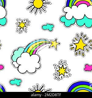 Rainbow with clouds and star, sunshine seamless pattern Stock Vector