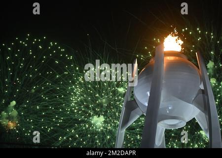 Illustration picture shows the Olympic Flame during the closing ceremony on the last day of the XXIII Olympic Winter Games, Sunday 25 February 2018, in Pyeongchang, South Korea. The Winter Olympics are taking place from 9 February to 25 February in Pyeongchang County, South Korea. BELGA PHOTO DIRK WAEM Stock Photo