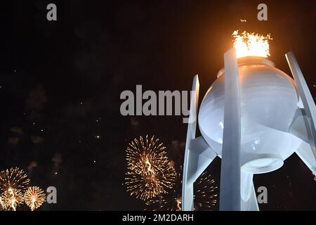 Illustration picture shows the Olympic Flame during the closing ceremony on the last day of the XXIII Olympic Winter Games, Sunday 25 February 2018, in Pyeongchang, South Korea. The Winter Olympics are taking place from 9 February to 25 February in Pyeongchang County, South Korea. BELGA PHOTO DIRK WAEM Stock Photo