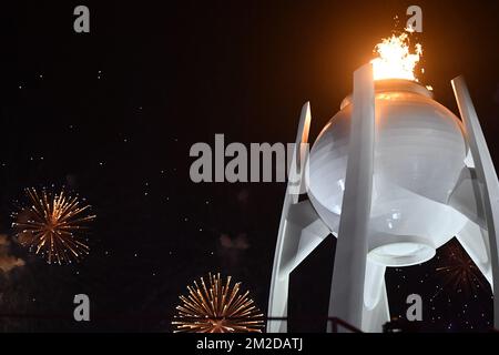 Illustration picture shows the Olympic Flame during the closing ceremony on the last day of the XXIII Olympic Winter Games, Sunday 25 February 2018, in Pyeongchang, South Korea. The Winter Olympics are taking place from 9 February to 25 February in Pyeongchang County, South Korea. BELGA PHOTO DIRK WAEM Stock Photo