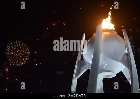 Illustration picture shows the Olympic Flame during the closing ceremony on the last day of the XXIII Olympic Winter Games, Sunday 25 February 2018, in Pyeongchang, South Korea. The Winter Olympics are taking place from 9 February to 25 February in Pyeongchang County, South Korea. BELGA PHOTO DIRK WAEM Stock Photo