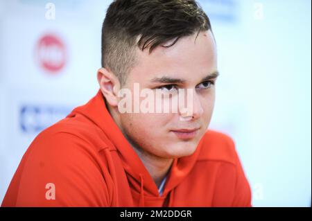 Standard's new player Zinho Vanheusden pictured during a press conference of Belgian soccer team Standard de Liege to present Zinho Vanheusden, U21 Belgian international player is lent by Inter Milan, Wednesday 28 February 2018, in Liege. BELGA PHOTO SOPHIE KIP Stock Photo