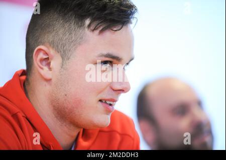Standard's new player Zinho Vanheusden pictured during a press conference of Belgian soccer team Standard de Liege to present Zinho Vanheusden, U21 Belgian international player is lent by Inter Milan, Wednesday 28 February 2018, in Liege. BELGA PHOTO SOPHIE KIP Stock Photo