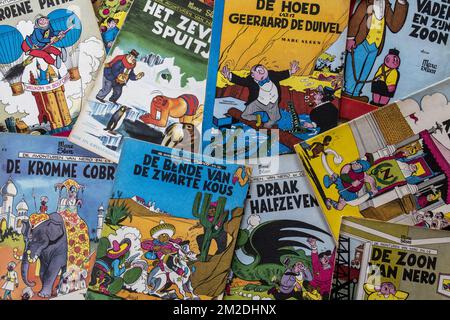 Collection of colourful covers of the Flemish comic strips Nero by the Belgian comic book creator / cartoonist Marc Sleen | Premières de couverture de bandes dessinées Nero / Néron par Marc Sleen, auteur de bande dessinée belge d'expression néerlandaise 07/03/2018 Stock Photo