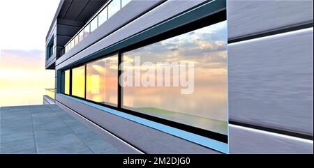 An amazing sunrise reflected in large windows of the contemporary suburban house with zink alloy facde. 3d rendering. Stock Photo