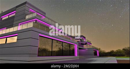 Purple backlit office. Night starry sky. Suitable banner for advertising the sale or rental of real estate. 3d rendering. Stock Photo