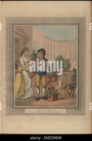 Cries of London, No. 6 : All a growing, a growing. Here's flowers for your gardens , Peddlers, Donkeys, Plants, Carts & wagons. Thomas Rowlandson (1756-1827). Prints and Drawings Stock Photo