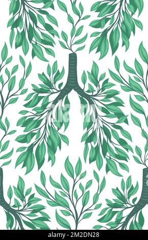 Vector seamless pattern with human lungs from leaves and branches on white background. Clean natural air. Save the earth and the environment. Texture Stock Vector