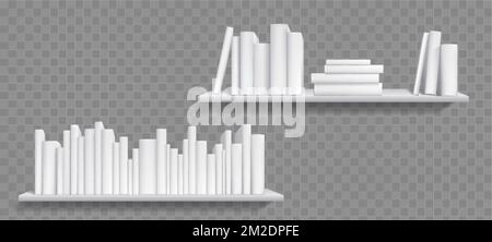 Books on shelf realistic mockup, bookshelf with bestsellers. Booklets with white covers and spines in library or store. Diary volumes with empty paper Stock Vector