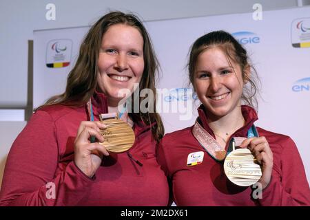 Paralympian athlete Eleonor Sana and her sister Chloe pose for the photographer during a press moment of the Belgian delegation to make up the balance after the Paralympic Winter Games, Tuesday 20 March 2018 in Brussels. The Winter Paralympics took place in Pyeongchang, South-Korea from 09 to 18 March 2018. BELGA PHOTO ERIC LALMAND Stock Photo