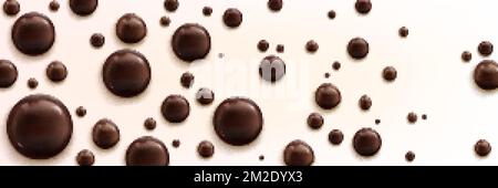Realistic chocolate bubbles on white background. Vector illustration of seamless pattern with glossy brown blobs of different size, sweet cocoa desser Stock Vector