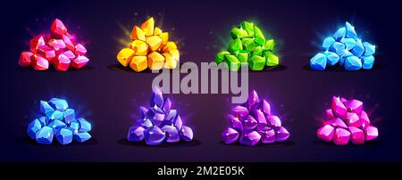 Game icons of precious gemstones piles. Heaps of shiny gems, jewel stones and gold nuggets. Symbols of wealth, pirate treasure isolated on background, Stock Vector