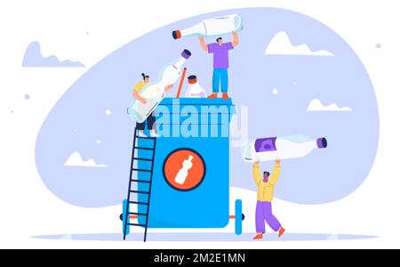 People collecting plastic trash into recycling garbage bin. Tiny characters on ladder sorting garbage into huge container. Ecology pollution problem c Stock Vector