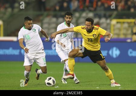 Saudi Arabia's midfielder Salem Al-Dawsari and Belgium's Mousa Dembele fight for the ball during a friendly game between the Red Devils Belgian National soccer team and Saudi Arabia, in Brussels, Tuesday 27 March 2018. BELGA PHOTO BRUNO FAHY Stock Photo