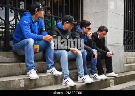 Belgian Verandas Willems - Crelan Stijn Steels, Belgian Senne Leysen of Verandas Willems - Crelan, Belgian Wout van Aert of Verandas Willems - Crelan and manager Jef Van Den Bosch pictured ahead of the 58th edition of the 'Brabantse Pijl' one day cycling race, 201,9 km from Heverlee, Leuven to Overijse, Wednesday 11 April 2018. BELGA PHOTO DAVID STOCKMAN Stock Photo