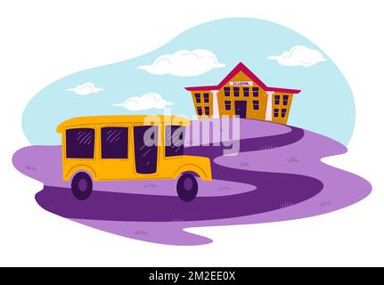 School bus riding down path to building vector Stock Vector