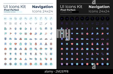 GPS and navigation pixel perfect RGB color ui icons set for dark, light mode Stock Vector