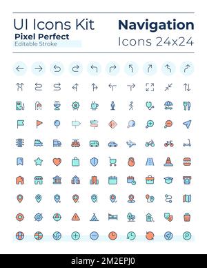 Tracking real time location pixel perfect RGB color ui icons set Stock Vector