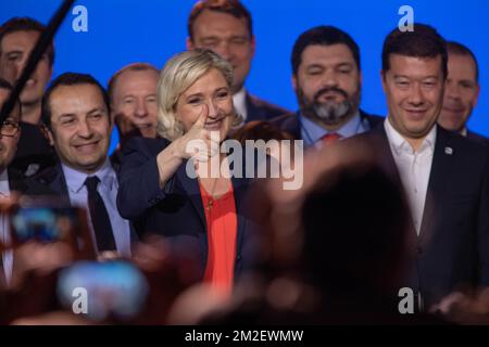 For May 1st, contrary to its habits, Marine did not march in Paris, but gave an appointment to its activists in Nice, on the occasion of the meeting organized by the Movement Europe of Nations and Freedoms (MENL).On the picture Marine Lepen | Pour le 1er Mai contrairement à ses habitudes, Marine ne défilait pas à Paris, mais à donné rendez vous à ses militants à Nice, à l' occasion de la réunion organisée par le Mouvement Europe des nations et des libertés (MENL) . Sur la photo Marine Lepen. 01/05/2018 Stock Photo