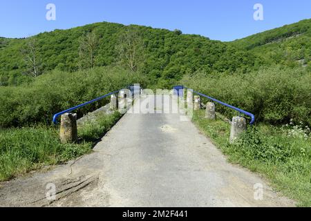 The Voie Verte along the river Meuse is a pedestrian and bike path between Givet and Charleville-Meziere La voie verte trans-ardenne entre Givet et Charleville-Meziere longe la Meuse. La voie est prevue pour permettre aux cyclistes et aux pietons d'emprunter la voie en toute securite. 05/05/2018 Stock Photo