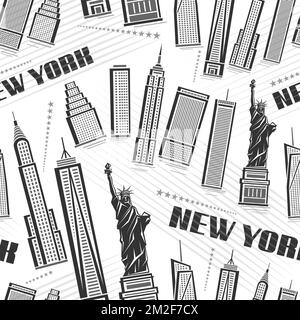 Vector New York City seamless pattern, square repeat background with illustrations of modern contour buildings in united states on white background, m Stock Vector