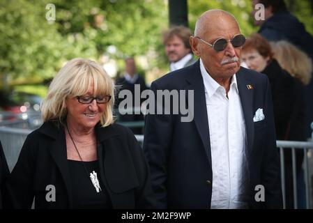 Huguette, the widow of Toots Thielemans and Singer Jean Vanobbergen (Le grand Jojo - Lange Jojo) arrive for the funeral ceremony for Belgian singer Maurane (Claudine Luypaerts) Thursday 17 May 2018 in Brussels. Maurane was found dead in her home on May 7th, she was 57 years old. BELGA PHOTO VIRGINIE LEFOUR Stock Photo