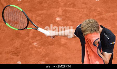 Belgian David Goffin pictured during the continuation of the tennis match between Belgian David Goffin (ATP 9) and French Gael Monfils (ATP 37) in the third round of the men's singles at the Roland Garros French Open tennis tournament, in Paris, France, Saturday 02 June 2018. The main draw of this year's Roland Garros Grand Slam takes place from 27 May to 10 June. BELGA PHOTO BENOIT DOPPAGNE Stock Photo