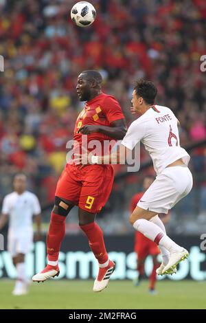 Belgium's Romelu Lukaku and Portugal's Jose Fonte fight for the ball during a friendly soccer game between Belgian national team Red Devils and Portugal, Saturday 02 June 2018, in Brussels. The teams are preparing for the upcoming FIFA World Cup 2018 in Russia. BELGA PHOTO BRUNO FAHY Stock Photo
