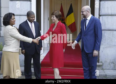 Angola President Joao Lourenco and his wife Ana Dias Lourenco and Belgian Prime Minister Charles Michel and his partner Amelie Derbaudrenghien pictured ahead of a meeting between the Belgian Prime Minister and the President of Angola, Sunday 03 June 2018, at the Lambermont residence in Brussels. BELGA PHOTO NICOLAS MAETERLINCK  Stock Photo
