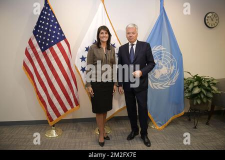 US permanent representative to the United Nations, Nikki Haley and Vice-Prime Minister and Foreign Minister Didier Reynders shake hands ahead of a bilateral meeting in New York, on the second day of a mission with Belgian Foreign Minister, for the vote for a non-permanent seat for Belgium at UN security council, United States of America, Thursday 07 June 2018. BELGA PHOTO YORICK JANSENS Stock Photo