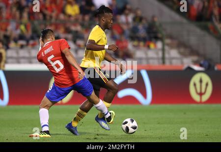 Costa Rica's Oscar Duarte and Belgium's Michy Batshuayi fight for the ball during a friendly soccer game between Belgian national team The Red Devils and Costa Rica, Monday 11 June 2018, in Brussels. Both teams prepare the upcoming FIFA World Cup 2018 in Russia. BELGA PHOTO VIRGINIE LEFOUR Stock Photo