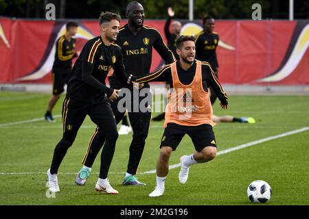 Belgium's Adnan Januzaj, Belgium's Romelu Lukaku and Belgium's Dries Mertens pictured during a training session of Belgian national soccer team the Red Devils in Moscow, Russia, Thursday 14 June 2018. The team is preparing for their first game at the FIFA World Cup 2018 next Monday. BELGA PHOTO DIRK WAEM Stock Photo