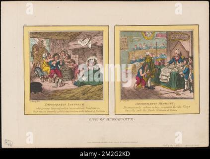 Democratic innocence ; Democratic humility , Emperors, Kings, Huts, Families, School children, Cadets, Generosity, Napoleon I, Emperor of the French, 1769-1821, Bonaparte, Letizia, 1750?-1836, Bonaparte, Carlo Maria, 1746-1785, Louis XVI, King of France, 1754-1793. James Gillray (1756-1815). Prints and Drawings Stock Photo