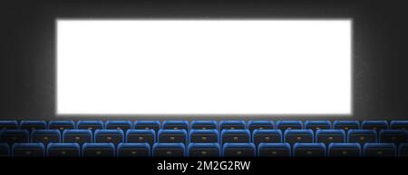 Cinema screen, lightbox in movie theater hall with seats rows. Blank television monitor on dark wall background. White glowing display for video presentation, realistic 3d vector empty plasma panel Stock Vector